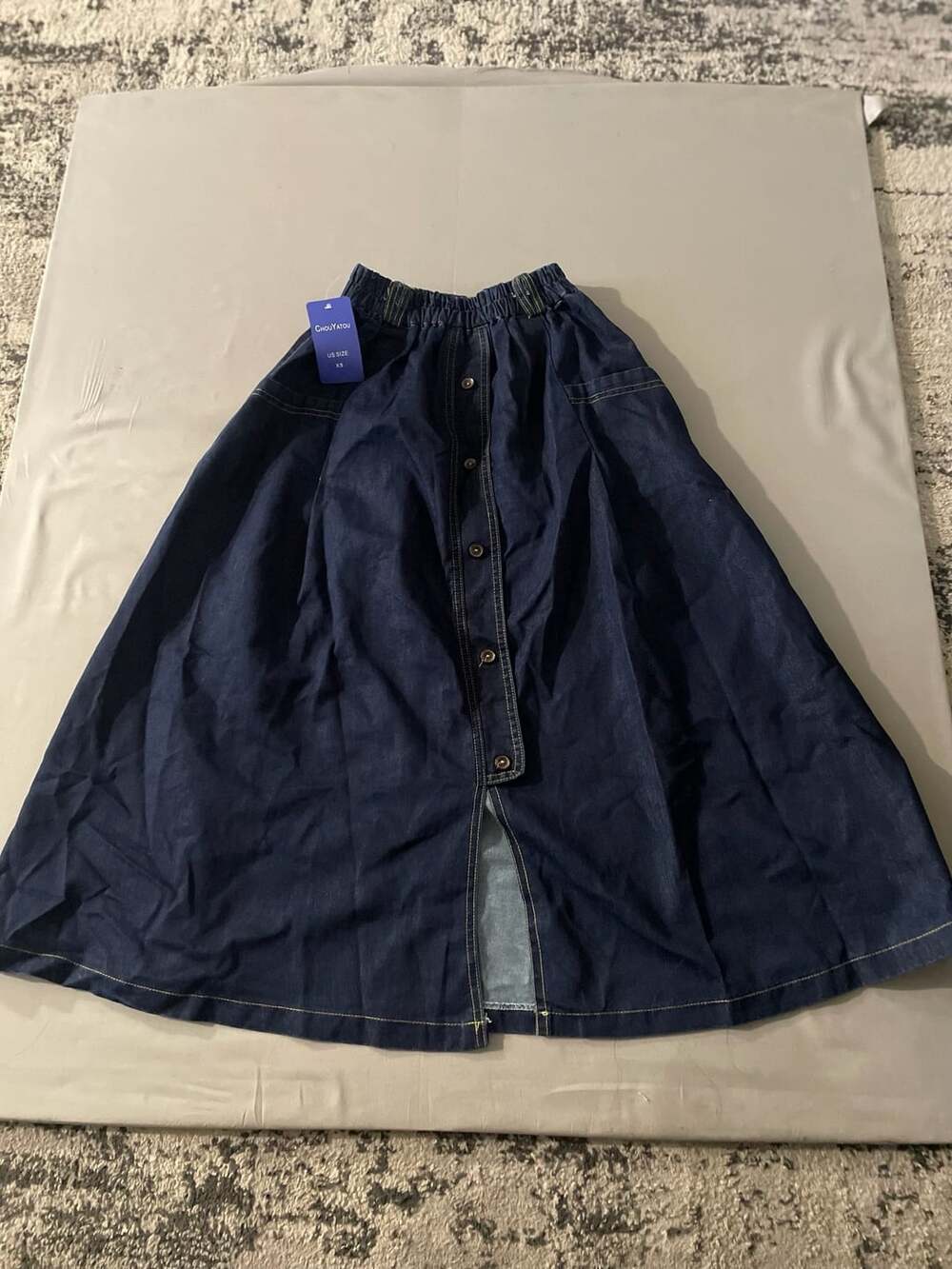 Chouyatou Denim Skirt Size XS Midi Button Front Dark Blue Flare